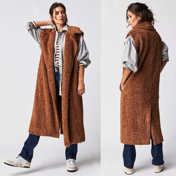 Free People Cozy Time Faux Fur Longline Vest Cashew Large NWT - Picture 1 of 16